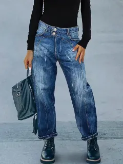 Women's Washed Denim Trousers Simple And Stylish Casual Daily - Blue - View 1