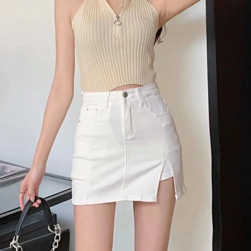 Summer New High Waist A- Line Slimming Sexy Slit Skirt - White