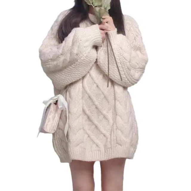 Thick Thread Cable knit Sweater Female Thick Mid length Beige - Shop at LoveMi