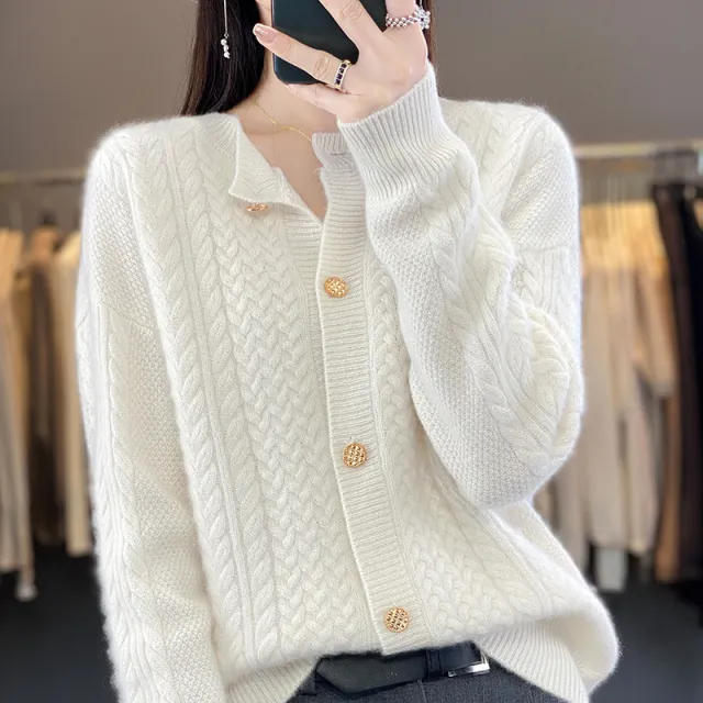 Round Neck Twisted Wool Flowery Jacket Women White - Shop at LoveMi