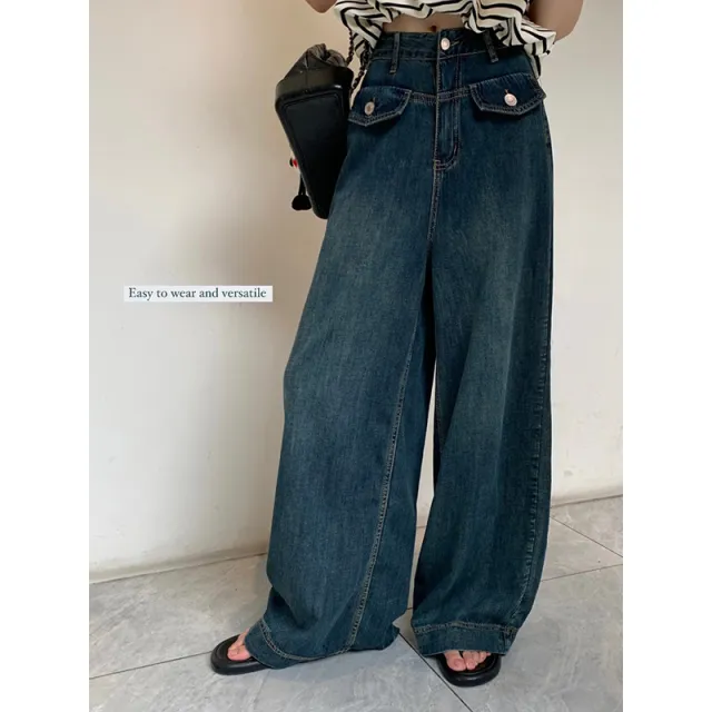 Women's High Waist Slimming Retro Faux Pocket Jeans Retro Blue - Shop at LoveMi