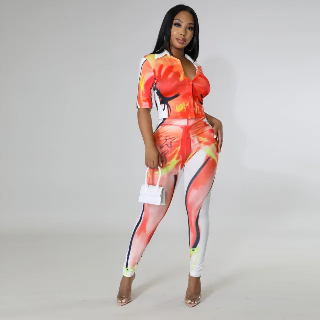 Summer New Women's Sexy Ladies Middle sleeve Floral print Shirt Two piece Suit Orange G0472 - Shop at LoveMi