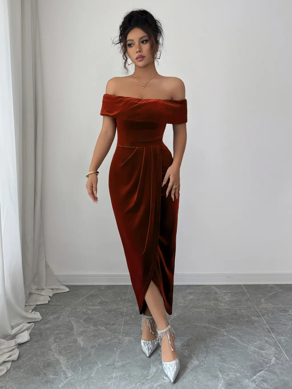Elegant Tube Top Solid Colour Dress Women - Brown