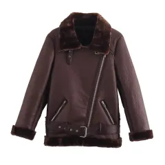 Women's Fashion Fur Integrated Leather Coat Top - Wine Red - View 1