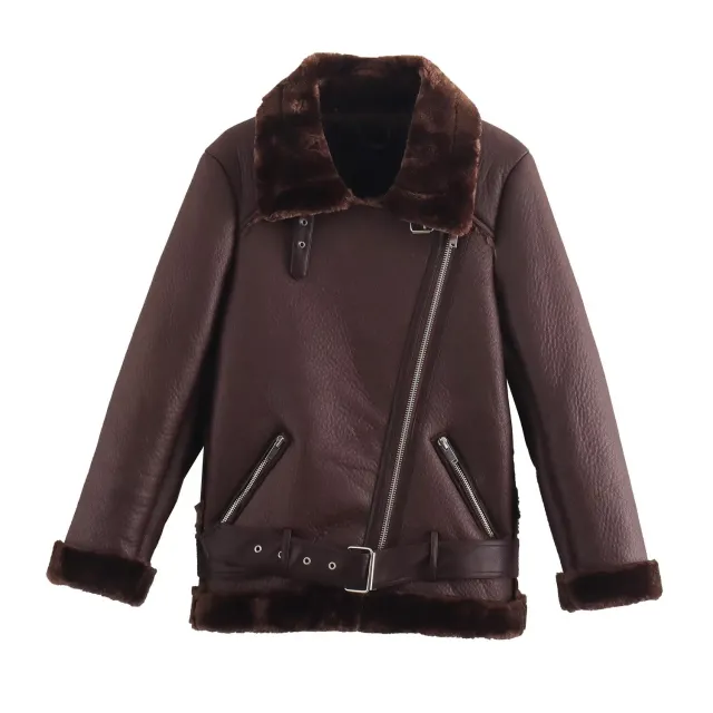 Women's Fashion Fur Integrated Leather Coat Top Wine Red - Shop at LoveMi