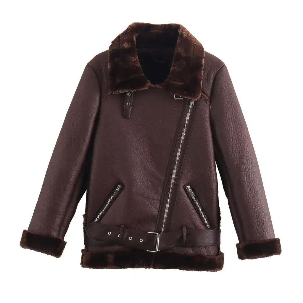 Women's Fashion Fur Integrated Leather Coat Top - Wine Red