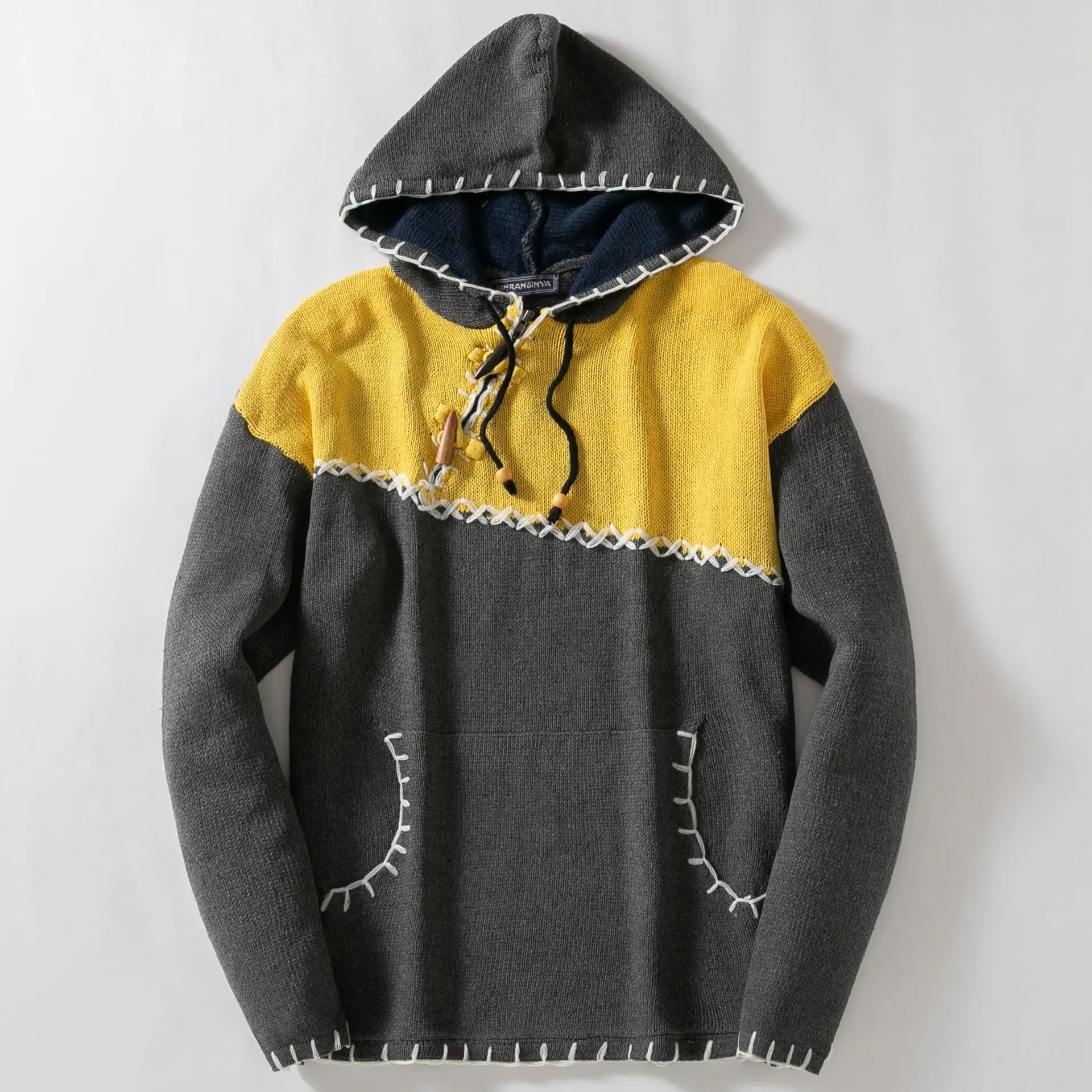 Mens Color-Block Loose-Fit Hooded Knitted Pullover