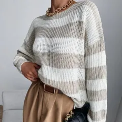 Autumn And Winter New Knitwear Mixed Colour Stripe Loose Sweater - Grey - View 1