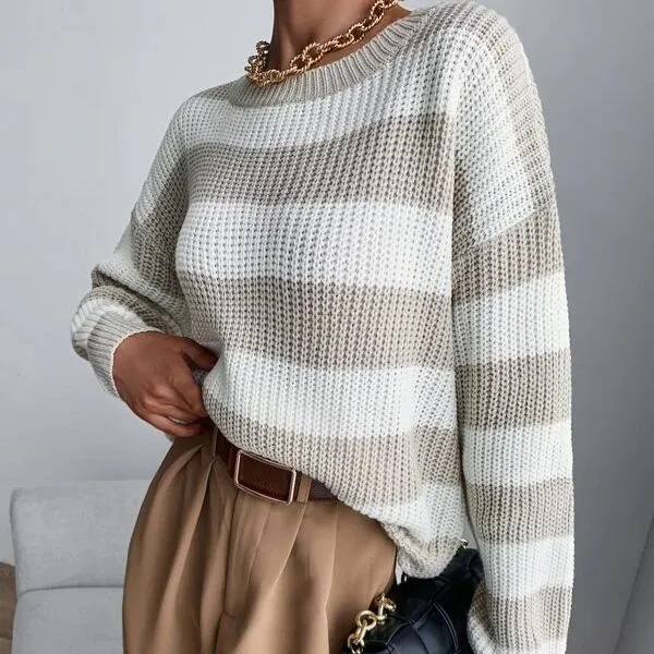 Autumn And Winter New Knitwear Mixed Color Stripe Loose Sweater Gray - Shop at LoveMi