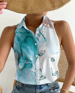 Summer Casual Fashion Shoulder-baring Sleeveless Abstract Printing Women's Shirt - Butterfly Print - View 1