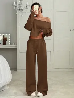 Autumn And Winter Casual Loose Round Neck Long-sleeved Sweater Trousers Suit - Khaki - View 1