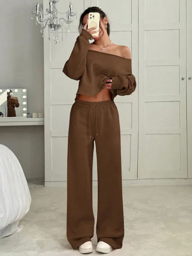 Autumn And Winter Casual Loose Round Neck Long sleeved Sweater Trousers Suit Khaki - Shop at LoveMi