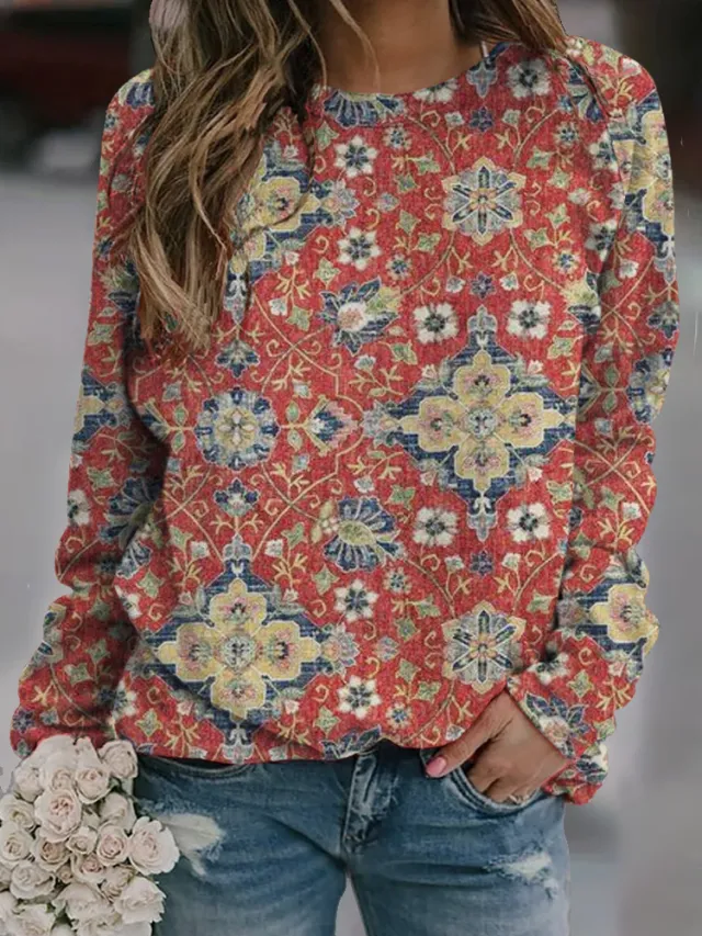 Casual Fashion Loose Ethnic Style Retro Long Sleeve Crew Neck Pullover Sweatshirt Figure 1 Xxxl - Shop at LoveMi