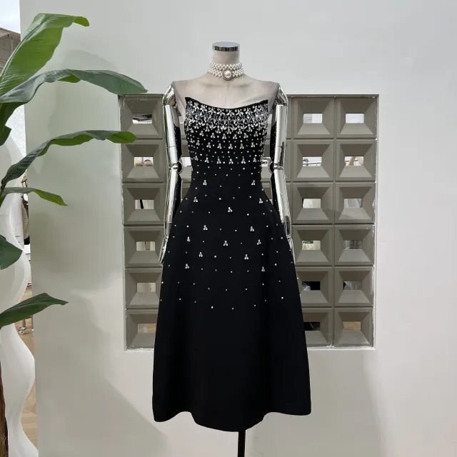 Handmade Rhinestone Heavy Industry Waist Tube Top Dress Black - Shop at LoveMi
