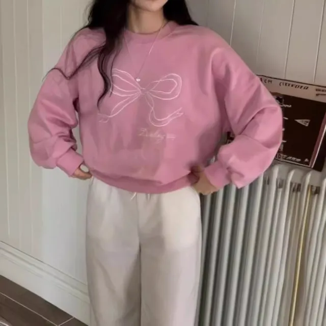Women's Embroidered Bow Pullover Sweater Pink - Shop at LoveMi
