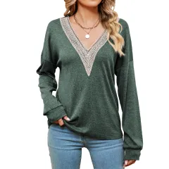 Women's Fashion Color Contrast Loose-fitting T-shirt Top - Dark Green - View 1