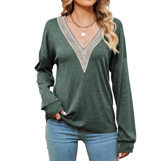 Women's Fashion Color Contrast Loose fitting T shirt Top Dark Green - Shop at LoveMi