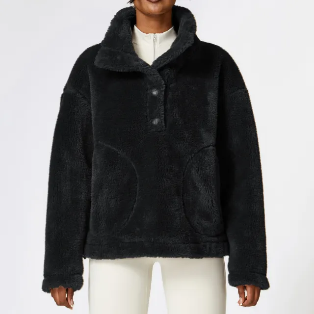 Winter Outdoors Fitness Exercise Polar Fleece Jacket Top Coat Black - Shop at LoveMi