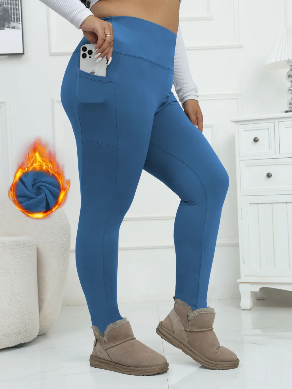 AutumnWinter Fleece-Lined Yoga Pants For Women, High-Waisted, Cropped Style - Blue