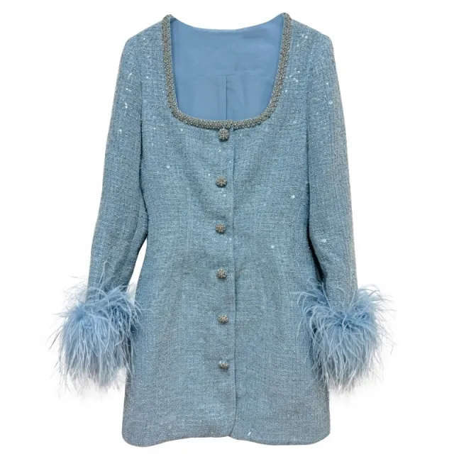 Blue Long Sleeved Feather U Collar Diamond Decorations Button Dress Blue - Shop at LoveMi