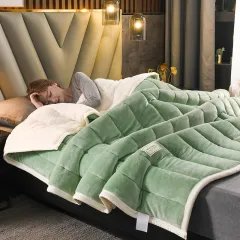 Thickened Winter Thermal Quilted Milk Flannel Blanket - Avocado Green - View 1
