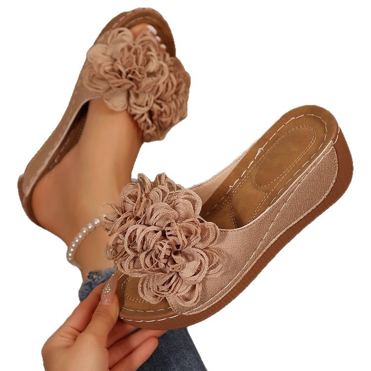 Plus-size Summer Wedge Mule Sandals With A Fish-mouth Toe Ankle Strap And Floral Design For Outdoor Wear