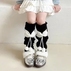 Lolita Bow Cute Knitting Wool Calf Socks - White Ball On Black Background - View 1