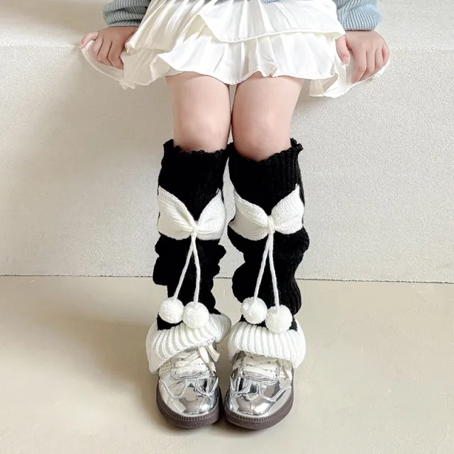 Lolita Bow Cute Knitting Wool Calf Socks White Ball On Black Background - Shop at LoveMi