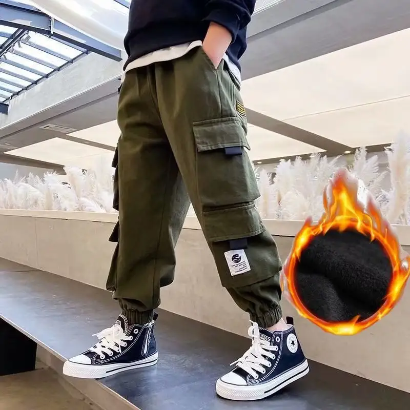 Men's Medium And Large Children's Multi-bag Fleece Ankle-tied Casual Working Pants Tide