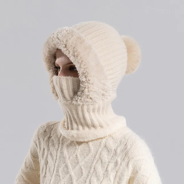 Knitted Hat Scarf Mask One piece Hat Women's Winter Beige - Shop at LoveMi