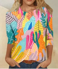 Women's Three quarter Sleeve Ethnic Floral Slim Fit Cute Top Tx7368 - Shop at LoveMi