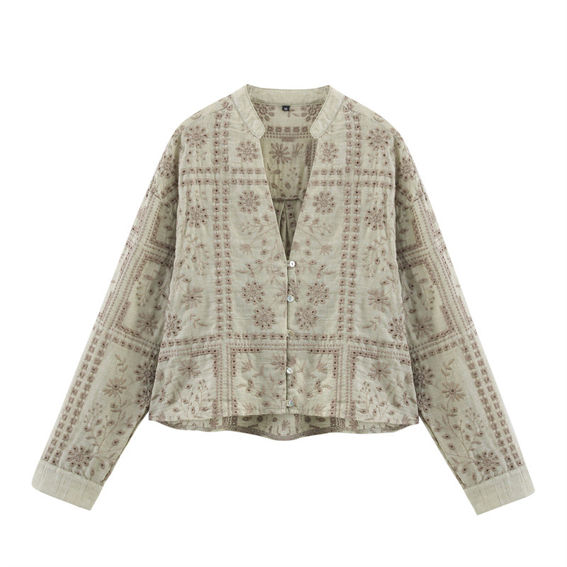 Casual Long Sleeve Loose Hollow Embroidered Shirt