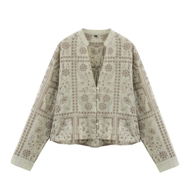 Casual Long Sleeve Loose Hollow Embroidered Shirt Red - Shop at LoveMi