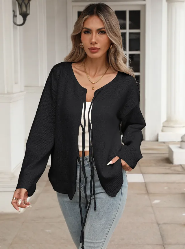 Bow Bandage Outer Casual Sweater Cardigan Black - Shop at LoveMi