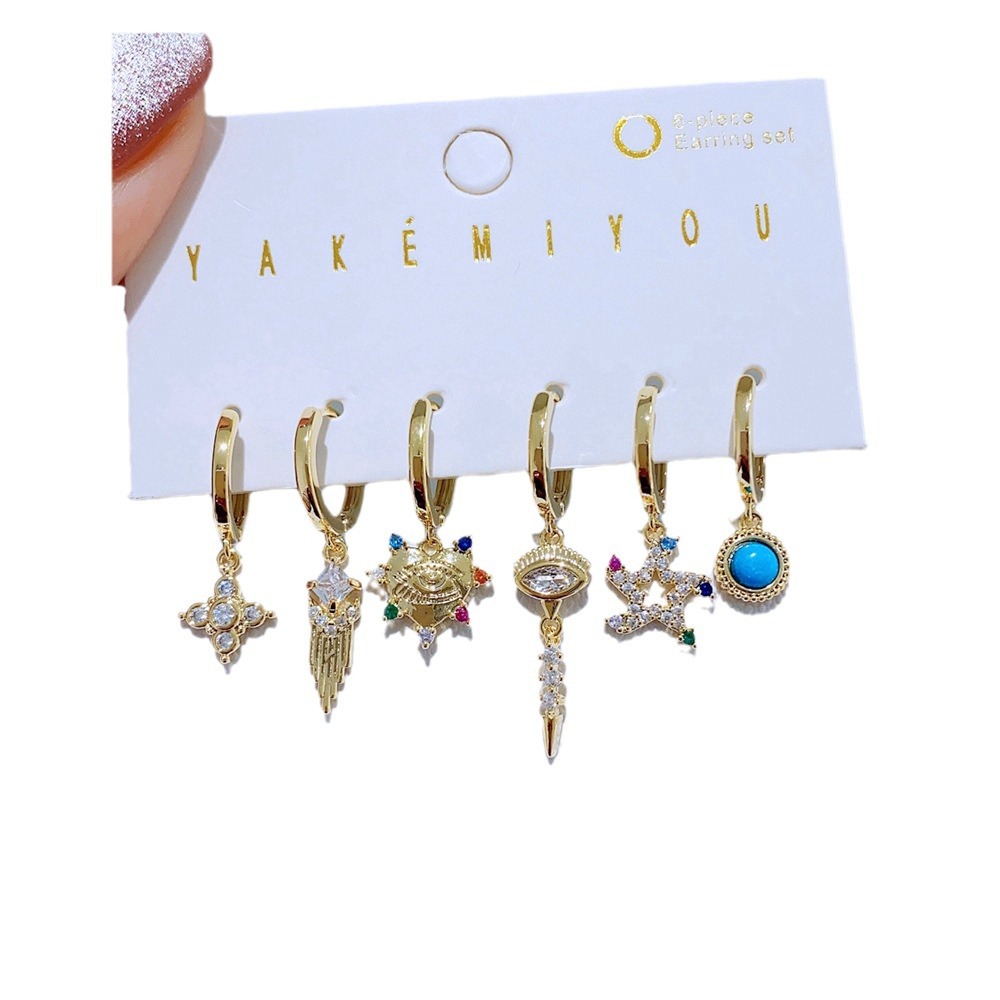 Light Luxury Color Heart-shaped Zircon XINGX Ear Clip 6-piece Set