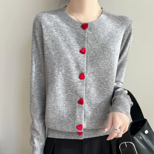 Round Neck Cardigan Red Heart Buckle Sweater For Women Gray - Shop at LoveMi