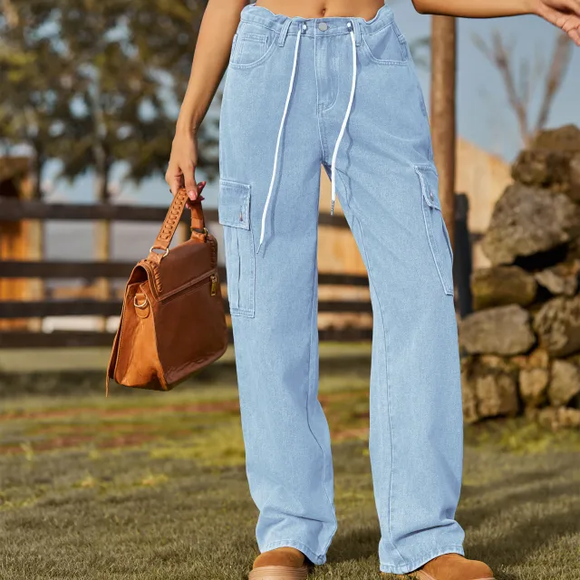 Denim Drawstring Adjustable Washed Overalls Casual Women Light Blue - Shop at LoveMi