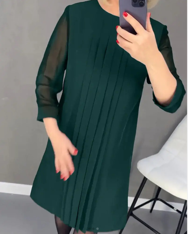 Lace Sleeve Round Neck Pleated Long Sleeve Dress Women's Clothing