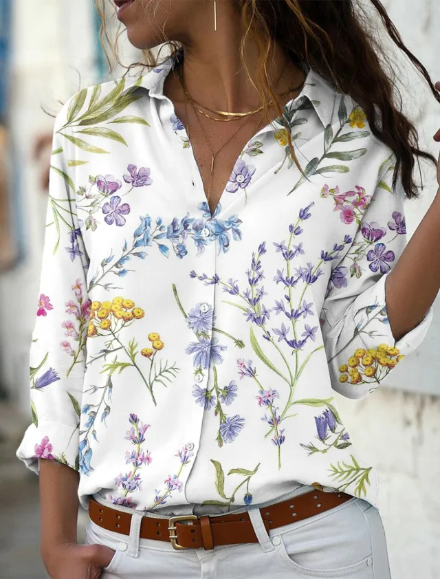 New Solid Color Flower Branch Classical Elegant Printing 3D Digital Loose Cardigan Women's Long sleeved Blouse B25Sltha240216T 3Xl - Shop at LoveMi