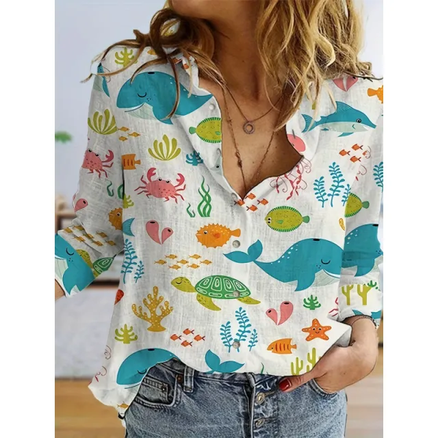 Women's 3d Printed Polka Dot Butterfly Long Sleeve Turn down Collar Casual Shirt Style 1 - Shop at LoveMi