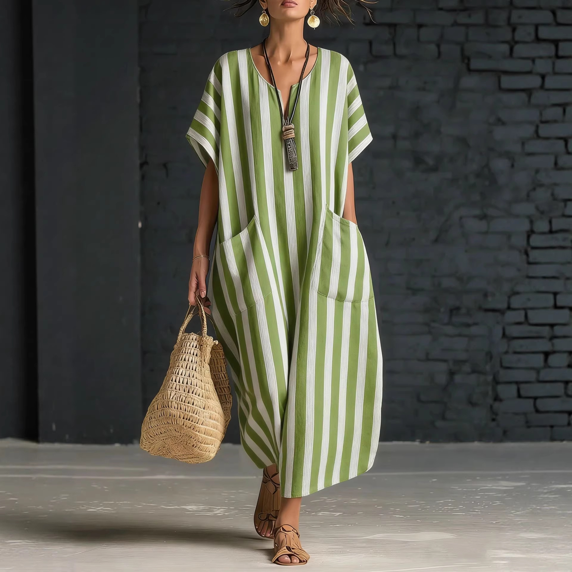 Loose-fitting V-neck Striped Print Dress