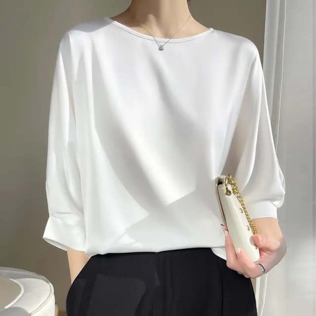 Women's Round Neck Mulberry Silk Loose Satin Cropped Ice Silk Short Sleeve T shirt Top Milky White - Shop at LoveMi