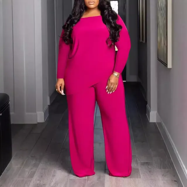 New Casual Plus size Comfortable Solid Color Asymmetric Two piece Set Dark Pink - Shop at LoveMi