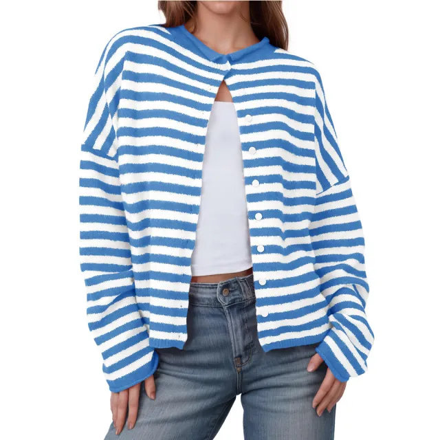 Women's Striped Contrast Color Sweater Long Sleeve Casual Cardigan Blue - Shop at LoveMi