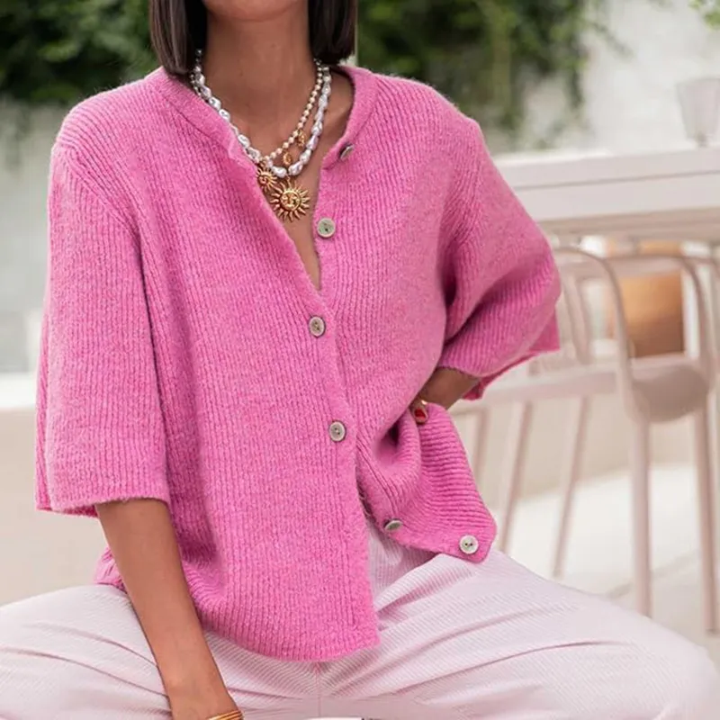 Solid Color Half-open Collar Button Sweaters Women's Clothing Women's Casual Cardigan - Dark Pink