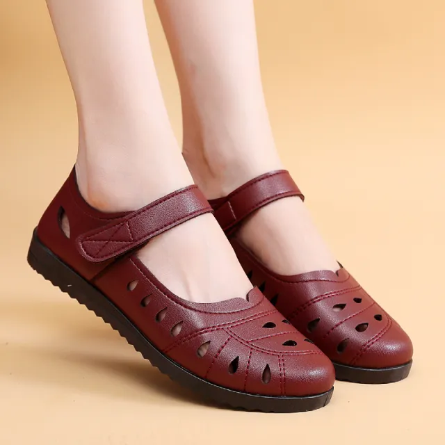 Hollow Breathing Comfortable Flat Soft Bottom Middle aged And Elderly Sandals Red - Shop at LoveMi