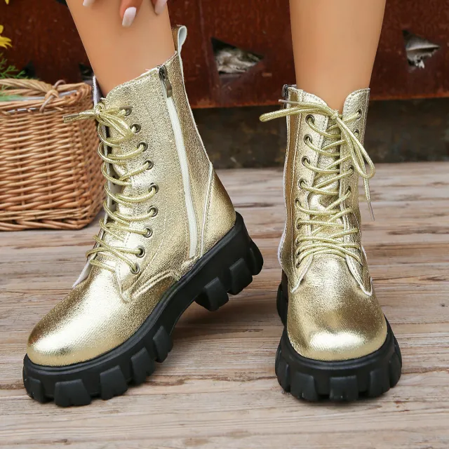 Martin Boots Round Head Chunky Heel Thick Bottom Ladies Gold - Shop at LoveMi