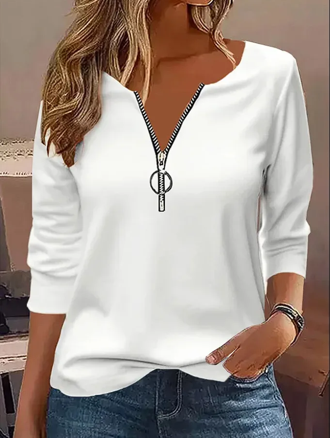 POLO Zipper Stitching Long Sleeve Loose Women's Base Top - White