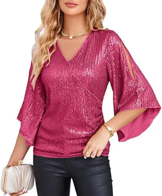New Women's Sequined Bell Sleeve Top Red - Shop at LoveMi