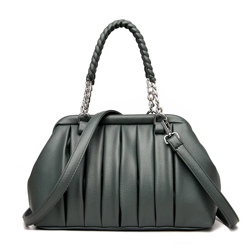 New Fashion All-match Pleated Woven Portable Large Capacity Leather Women's Bag - Green